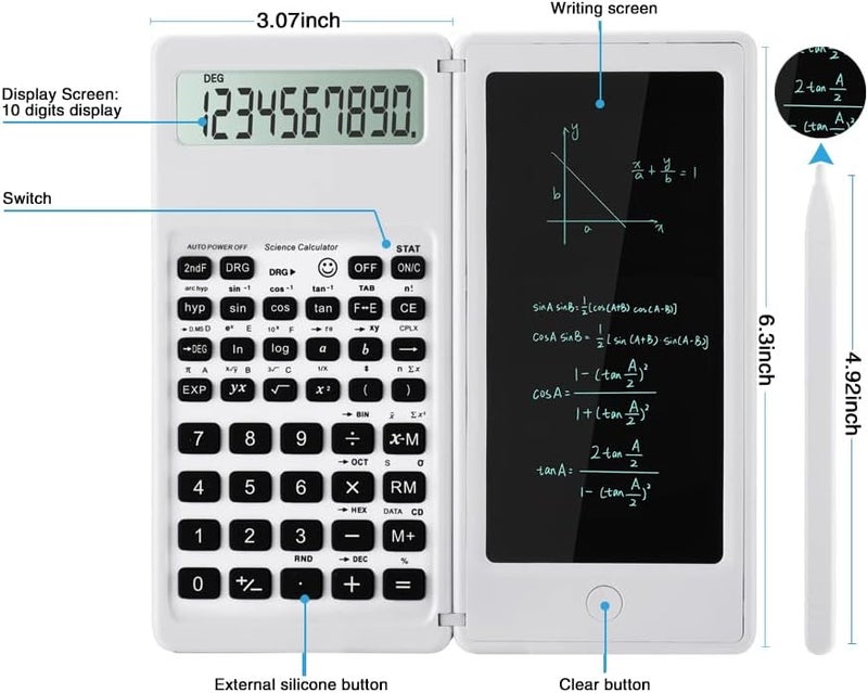 LveSunny Scientific Calculators, Calculator for School, 10-Digit Large Screen Scientific Calculator with Notepad, Math Calculator for Middle High School Supplies & College (White) - Image 3